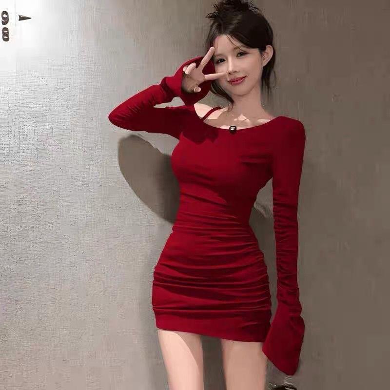 Flared-Sleeve Cold-Shoulder Plain Mini Sheath Dress Product Image