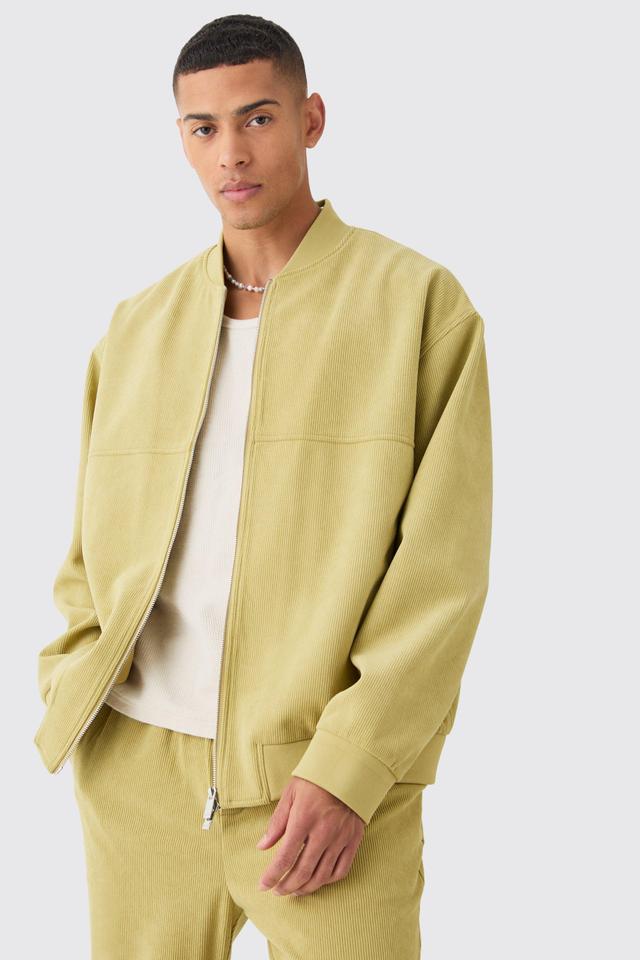 Mens Yellow Corduroy Oversized Bomber Jacket, Yellow Product Image