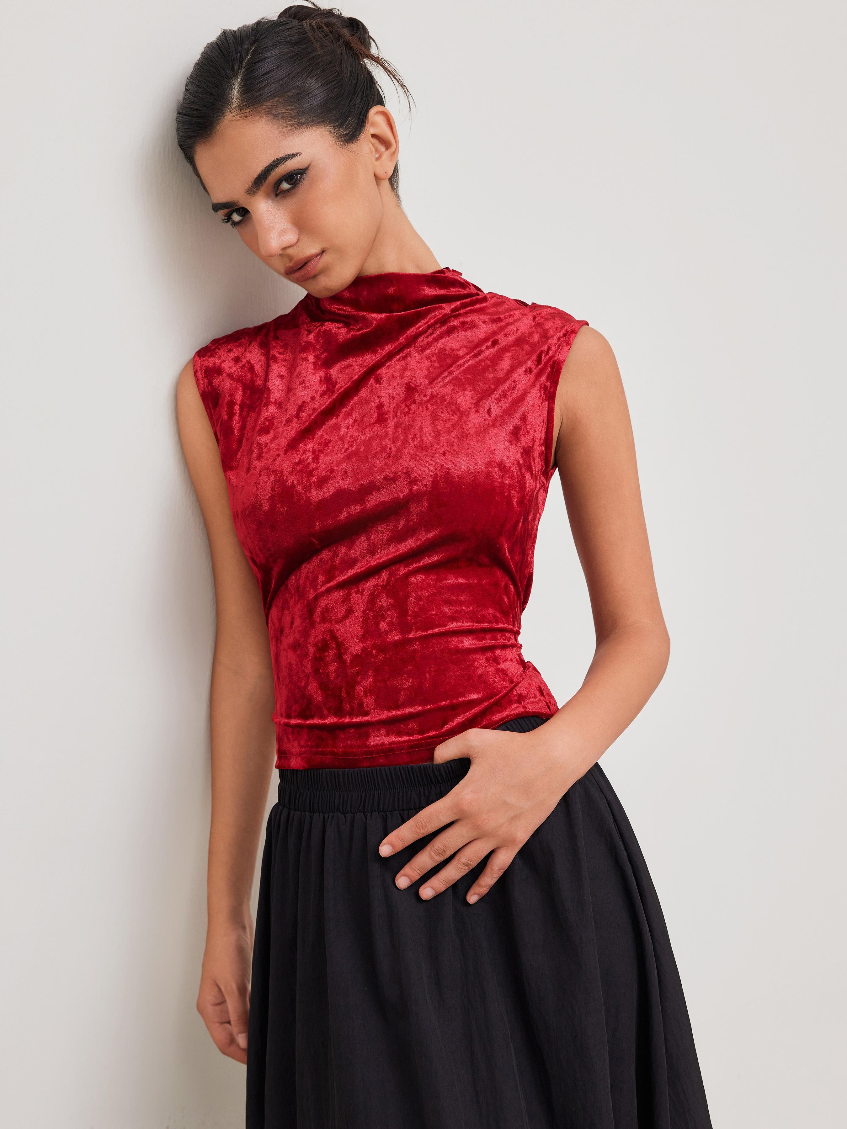 Velvet Mandarin Neck Solid Ruched Tie Back Short Sleeve Top product image