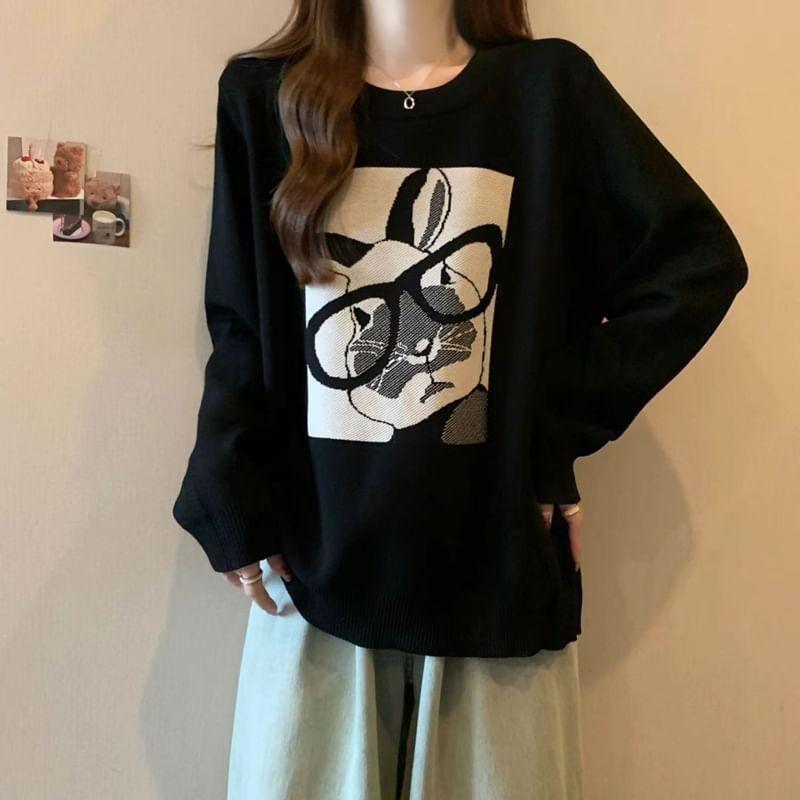 Long-Sleeve Round Neck Rabbit Print Tee Product Image