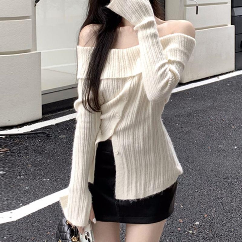 Long Sleeve Off-Shoulder Ribbed-Knit Sweater Product Image