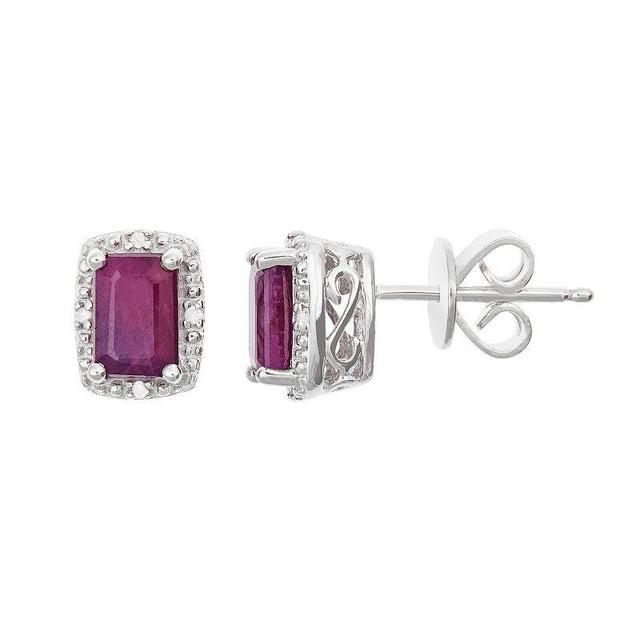 Celebration Gems Sterling Silver Ruby & Diamond Accent Rectangle Halo Stud Earrings, Womens, Red Product Image