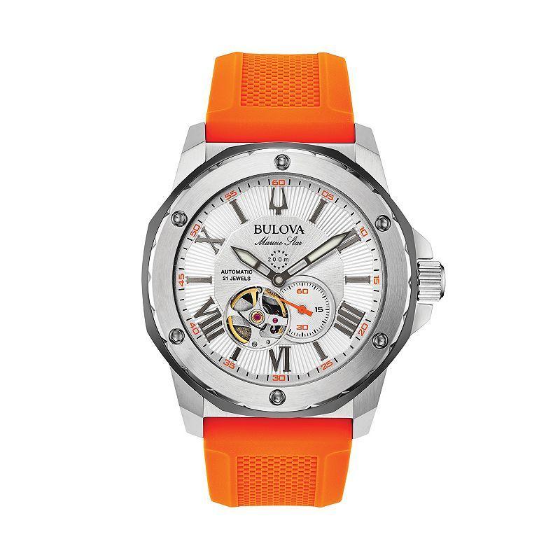 Bulova Marine Star Mens Automatic Orange Strap Watch 98a226, One Size Product Image