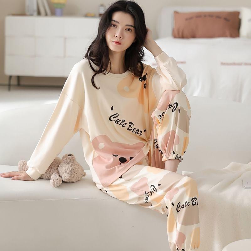 Loungewear Set : Long-Sleeve Bear Print Padded T-Shirt + Pants Product Image