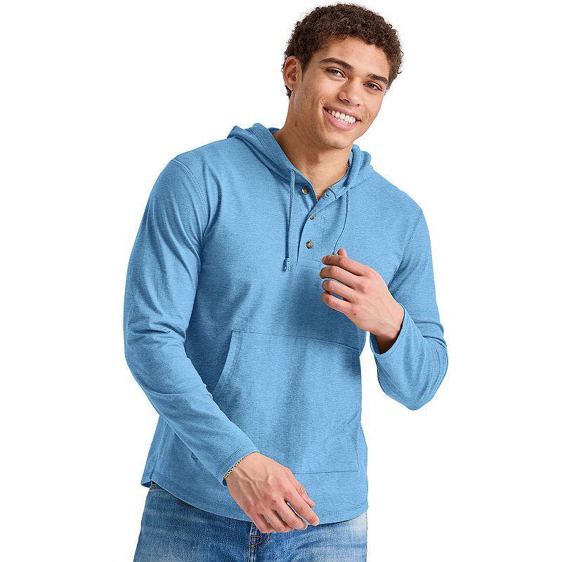 Mens Hanes Originals Cotton Henley Hoodie Blue Product Image