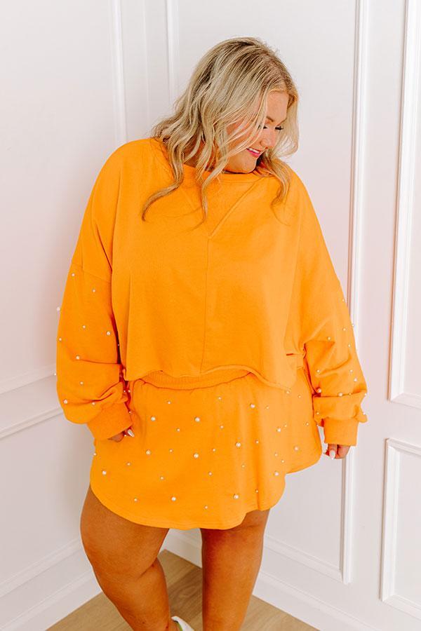 Sideline Chic Pearl Embellished Crop Sweatshirt in Orange Curves Product Image