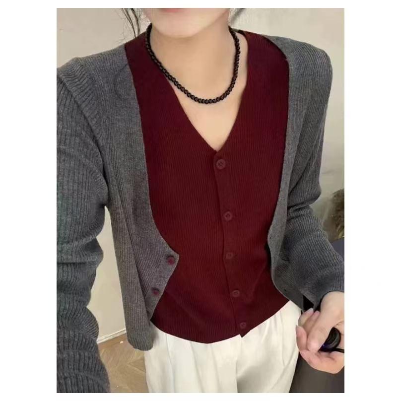 Mock Two-Piece V-Neck Two Tone Cardigan Product Image