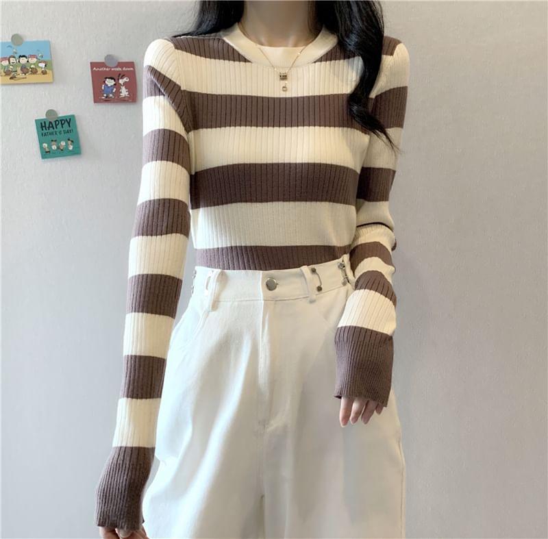 Round Neck Striped Ribbed Sweater Product Image