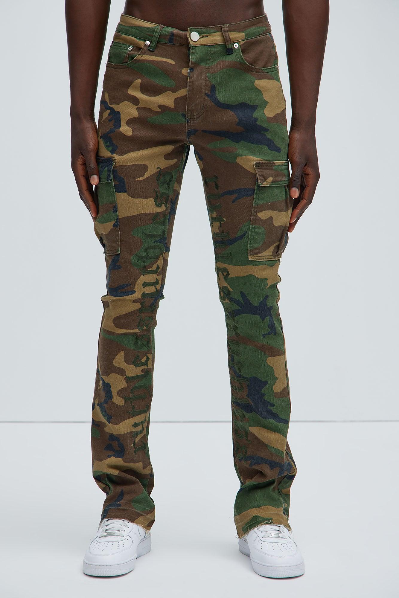 Ruthless Embroidered Stacked Skinny Cargo Flare Pants - Camouflage product image