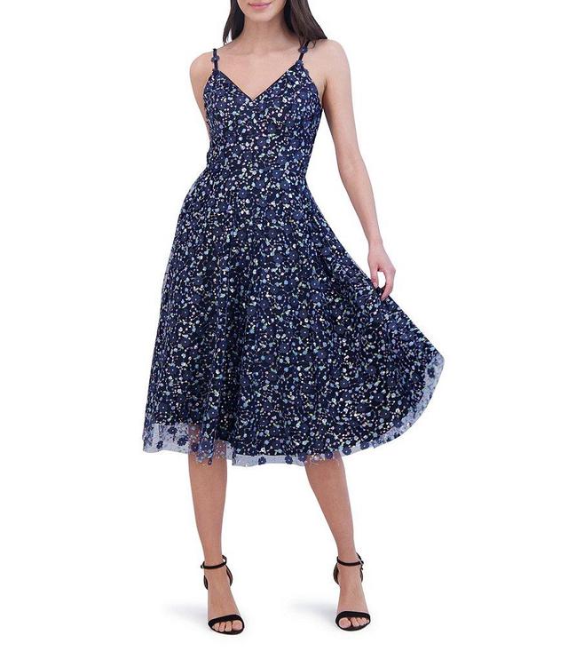 Eliza J 3D Floral V-Neck Sleeveless Midi Dress Product Image