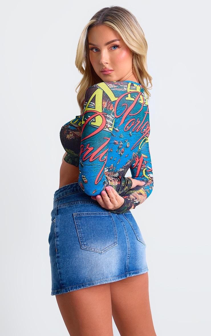 Blue Landscape Graphic Flared Sleeve Crop Top Product Image