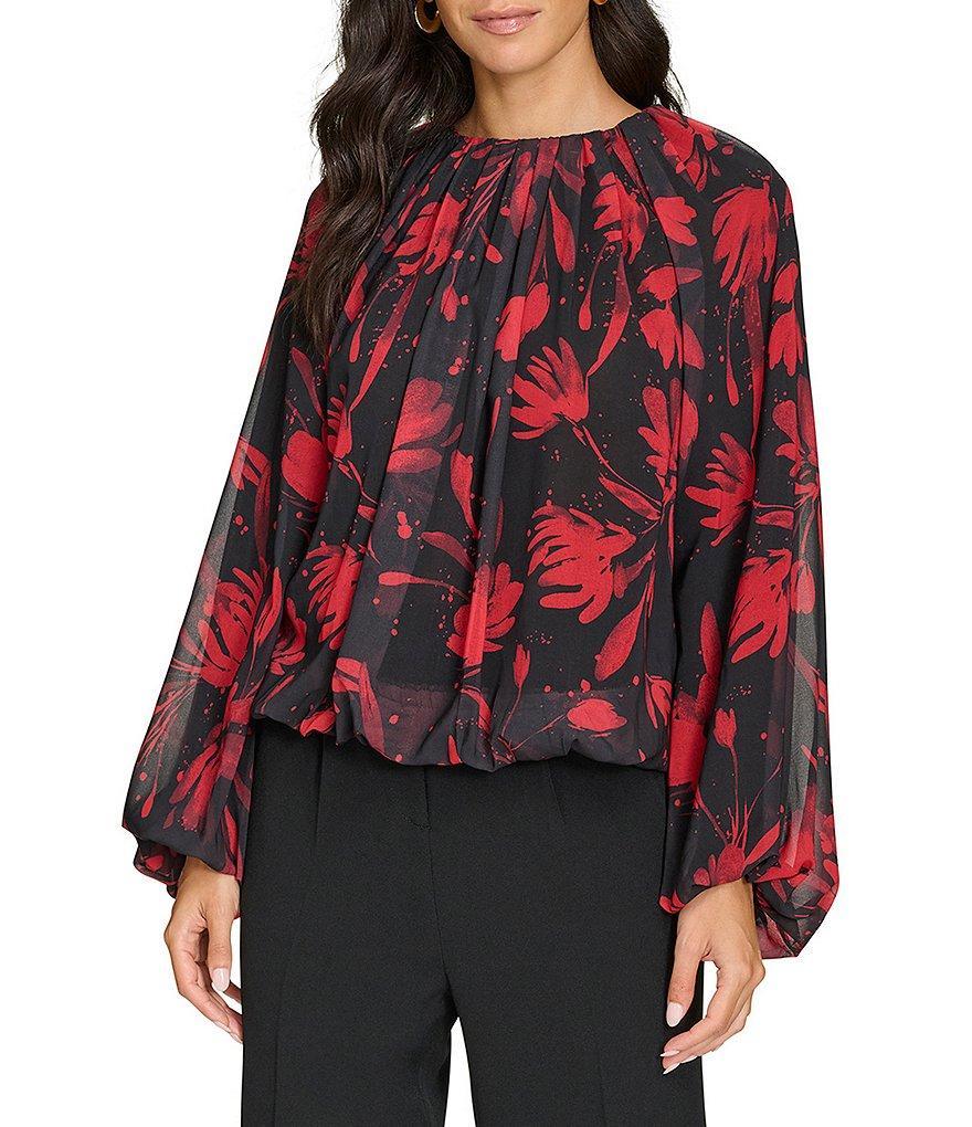 Calvin Klein Printed Chiffon Shirred Neck Long Bubble Sleeve Blouse product image