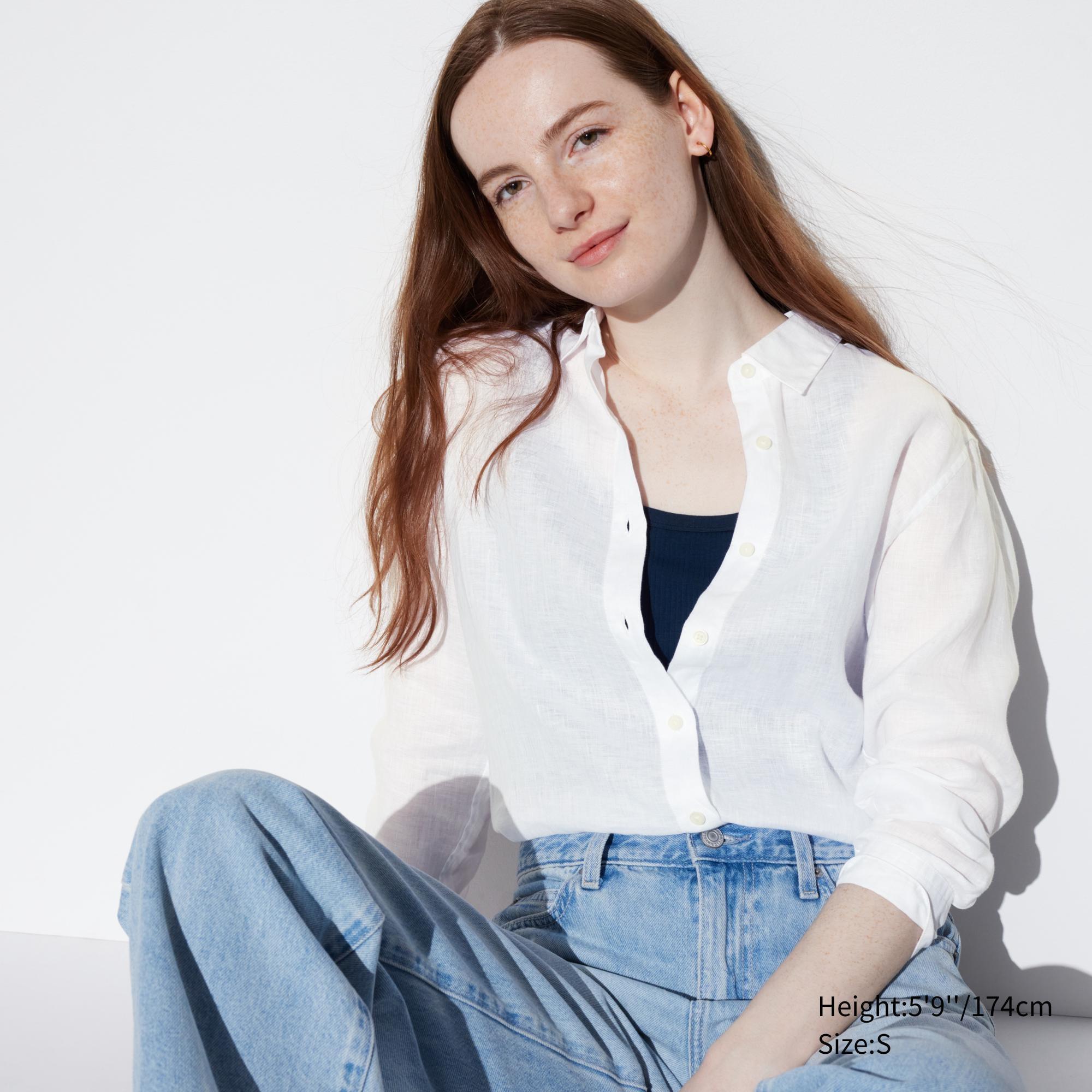 Womens Premium Linen Long-Sleeve Shirt White Large UNIQLO US product image