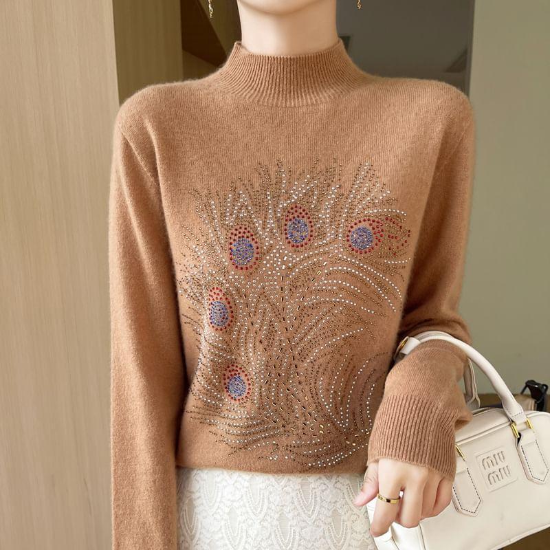 Long-Sleeve Mock Neck Rhinestone Knit Top Product Image