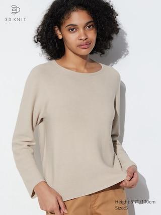 Womens 3D Knit Cotton Crew Neck Sweater Beige XL UNIQLO US Product Image