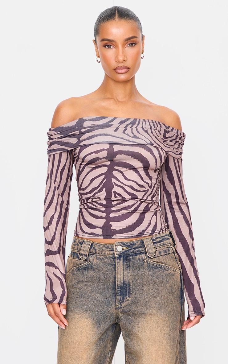 Brown Zebra Print Slinky Bardot Long Sleeve Long Top Product Image