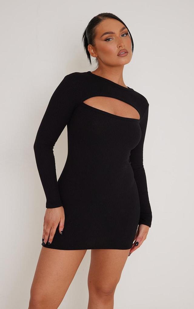 Black Rib Cut Out Detail Long Sleeve Bodycon Dress Product Image