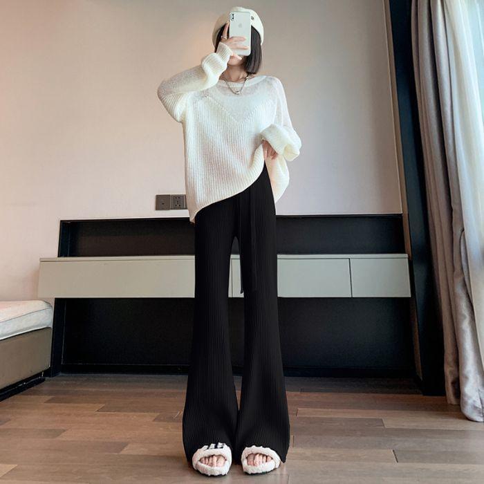 High Waist Plain Ribbed Knit Flared Pants product image