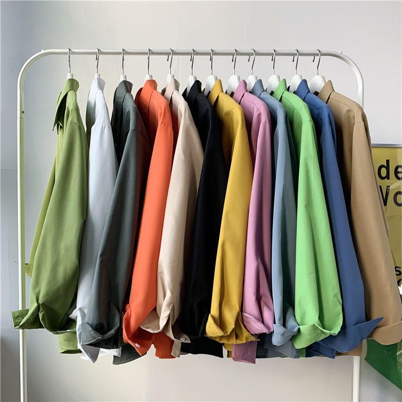 Long-Sleeve Plain Button-Up Shirt Product Image