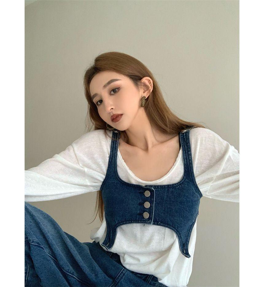 Denim Crop Button-Up Camisole Top / High Waist Washed Loose-Fit Jeans Product Image