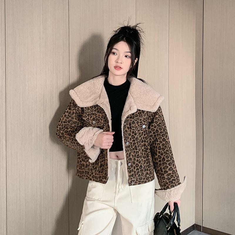 Collared Fleece Lined Leopard Button Jacket Product Image