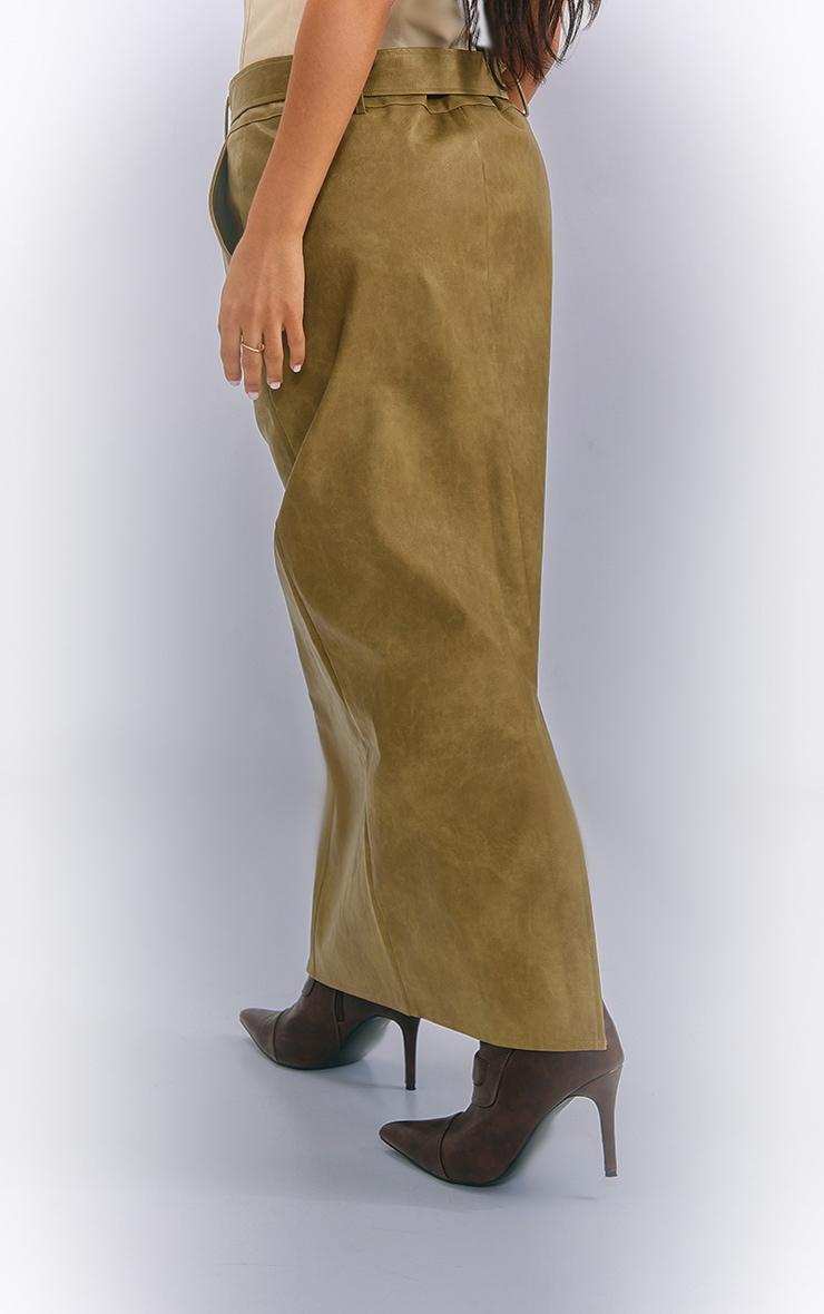 Petite Olive Washed Faux Leather Belted Midi Skirt Product Image