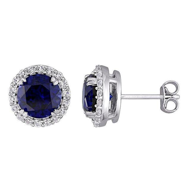 Stella Grace Sterling Silver Lab-Created Blue & White Sapphire Halo Stud Earrings, Womens Product Image