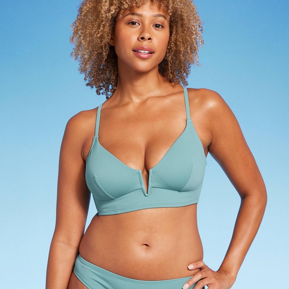 Women's Ribbed Longline V-Wire Bikini Top - Shade & Shore™ Green 38D Product Image