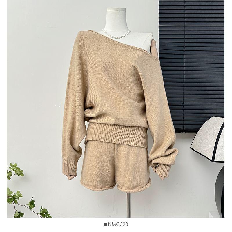 Set: One-Shoulder Loose Knit Top + High-Waist Shorts Product Image