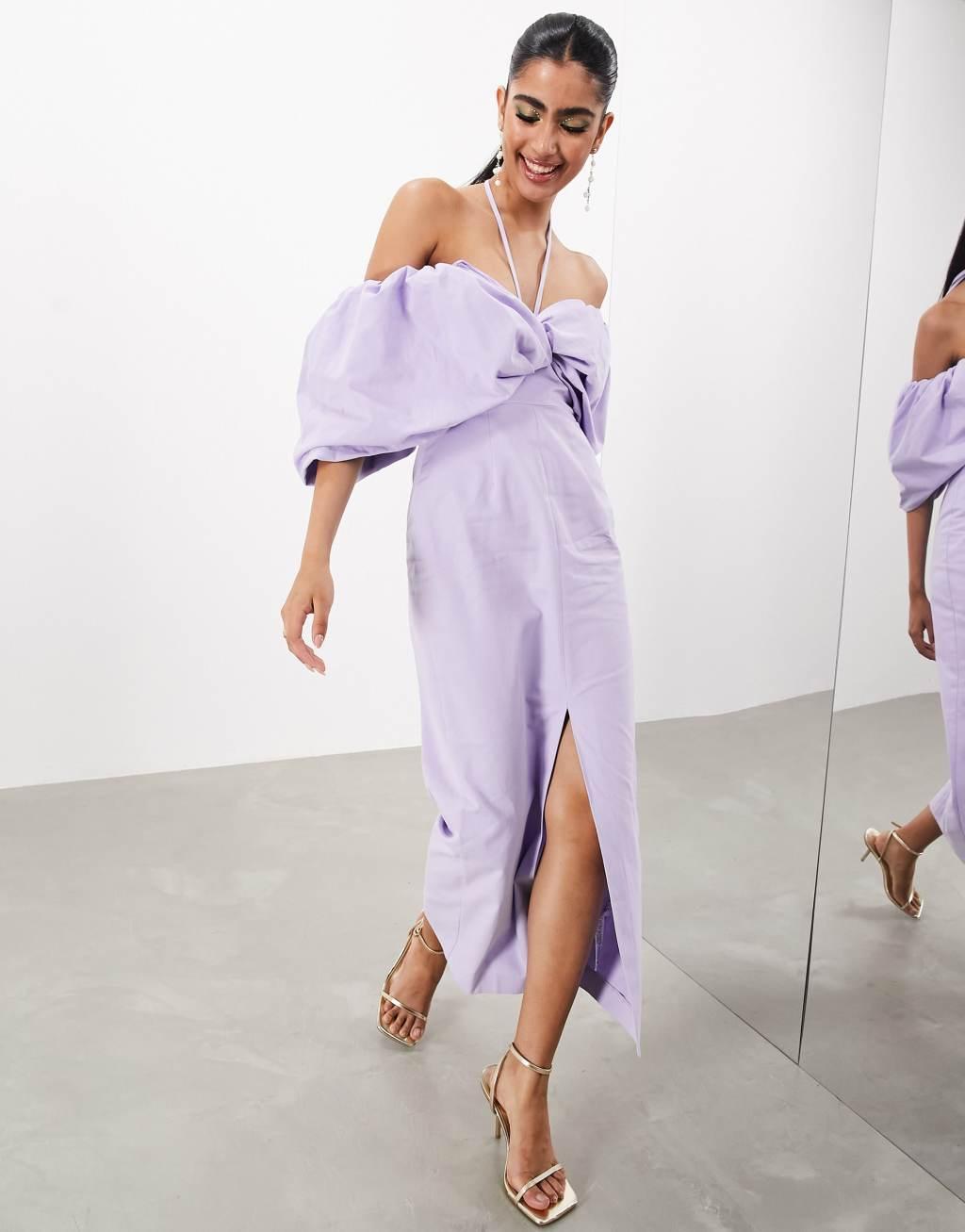 ASOS EDITION bardot bow tie neck detail midi dress in lilac Product Image