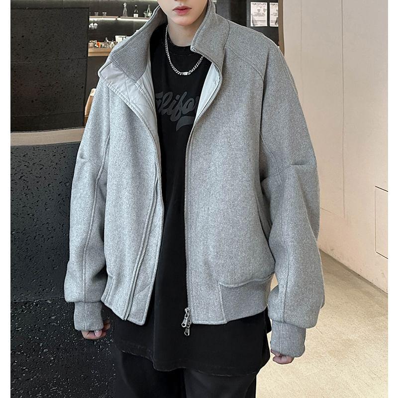 Stand Collar Plain Oversized Zip Up Jacket Product Image