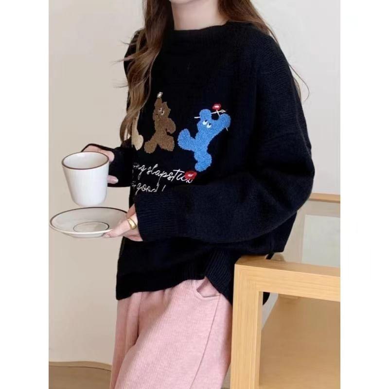 Crew Neck Letter Embroidered Sweater Product Image