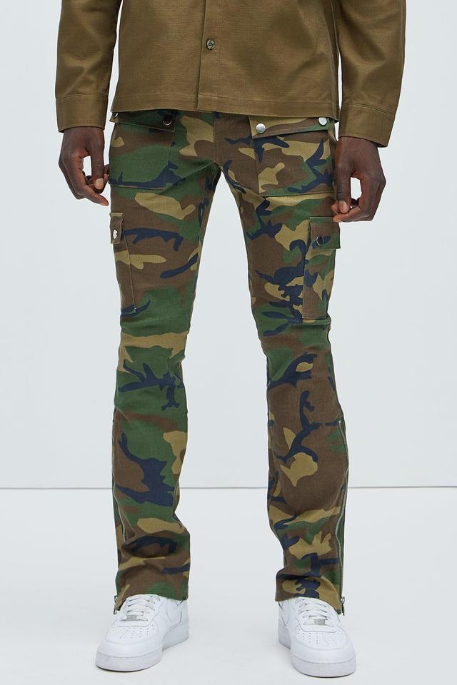 On The Verge Waxed Cargo Zipper Flare Pants - Camouflage Product Image