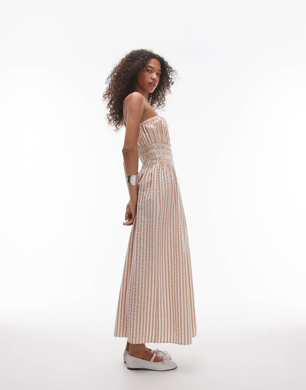 Topshop textured bandeau beach dress in brown stripe Product Image