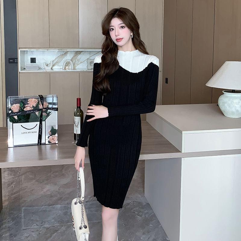 Long-Sleeve Mock Neck Two Tone Knit Sheath Dress Product Image