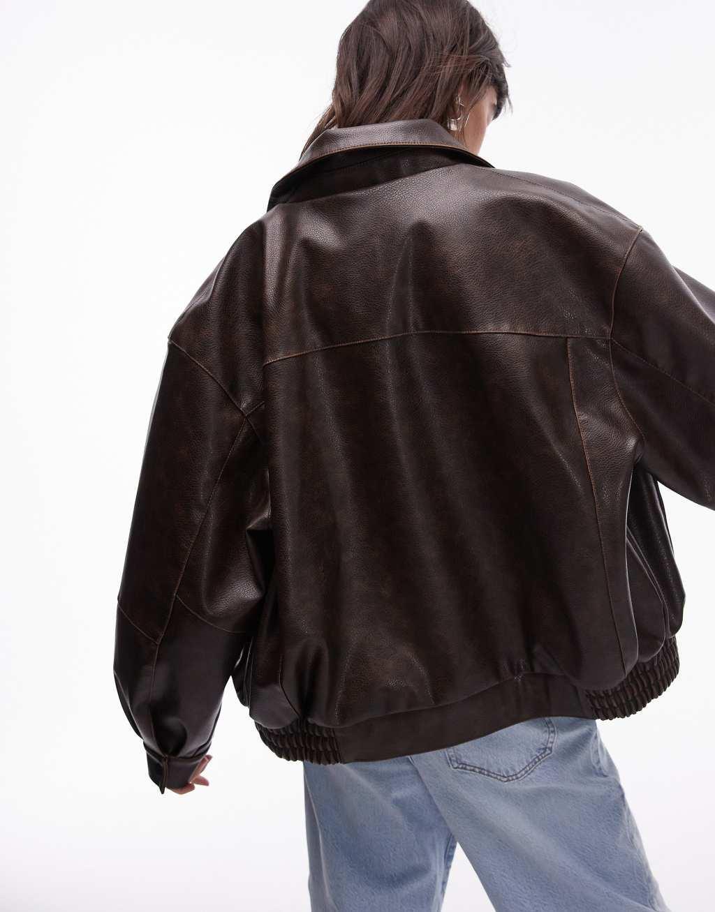 Topshop faux leather oversized bomber jacket in brown Product Image