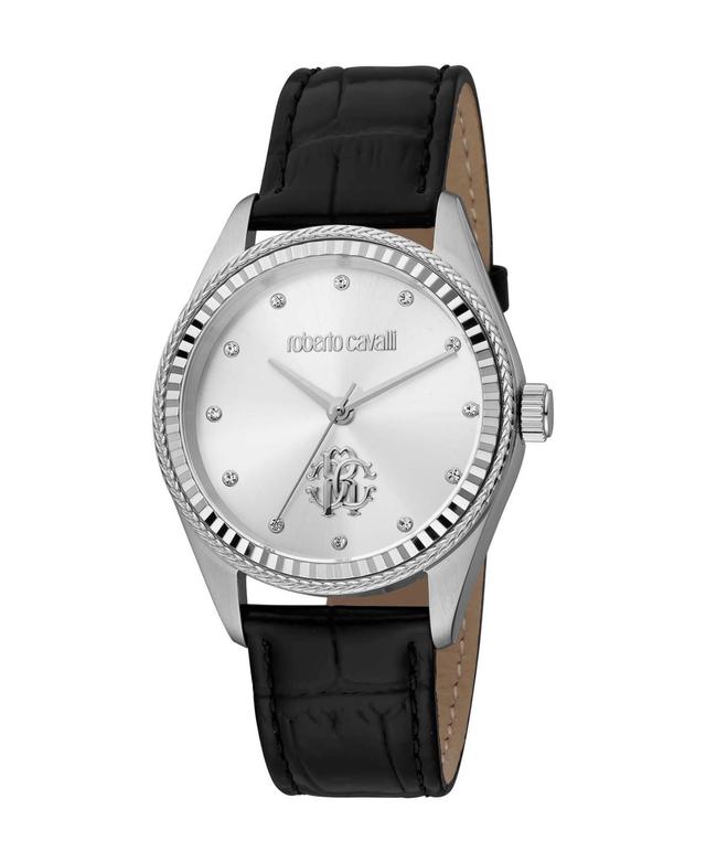 Roberto Cavalli Womens Quartz Black Leather Watch 39mm - Silver Product Image