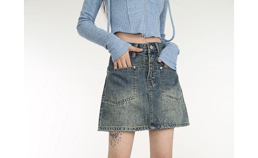 High-Waist Cargo Denim A-Line Skirt Product Image