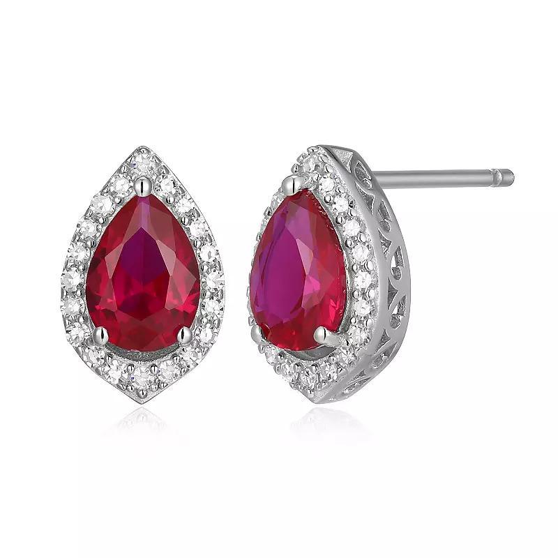 Sterling Silver Lab-Created Ruby & 1/5 Carat T.W. Lab-Grown Diamond Halo Stud Earrings, Womens Product Image