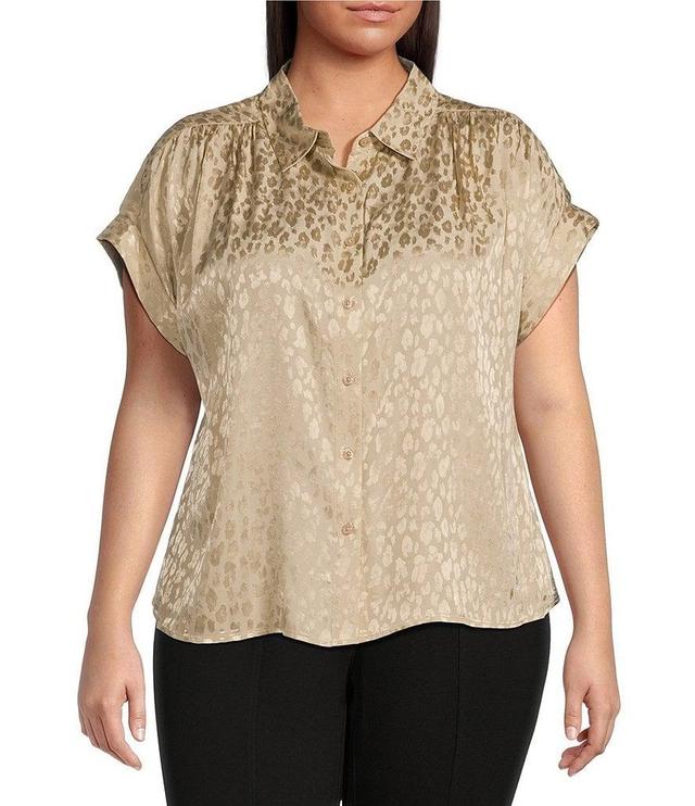 Calvin Klein Plus Size Leopard Jacquard Point Collar Short Cuffed Sleeve Pleated Shoulder Button-Front Blouse Product Image