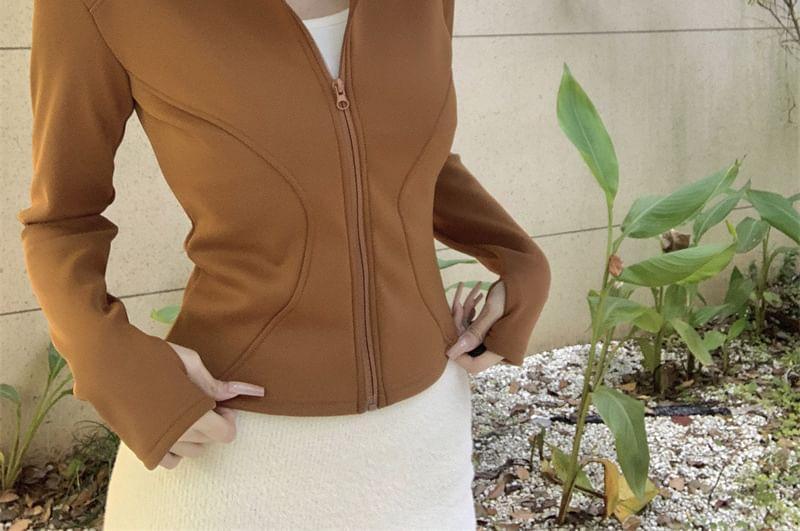 Stand Collar Plain Zip-Up Crop Jacket Product Image