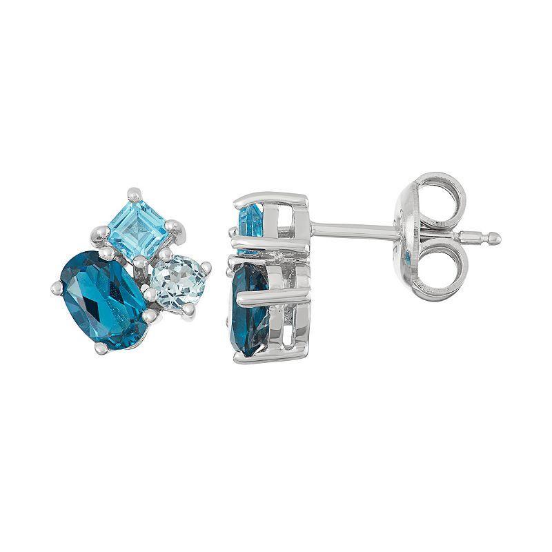 Sterling Silver London, Swiss & Sky Blue Topaz Stud Earrings, Womens Product Image