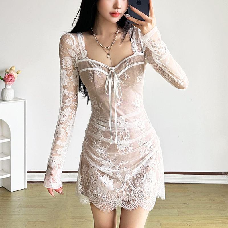 Long-Sleeve Square Neck Lace Mini A-Line Dress Product Image