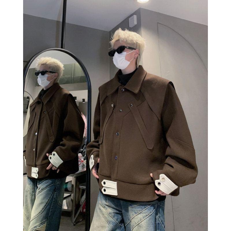 Plain Button-Up Shirt Jacket Product Image