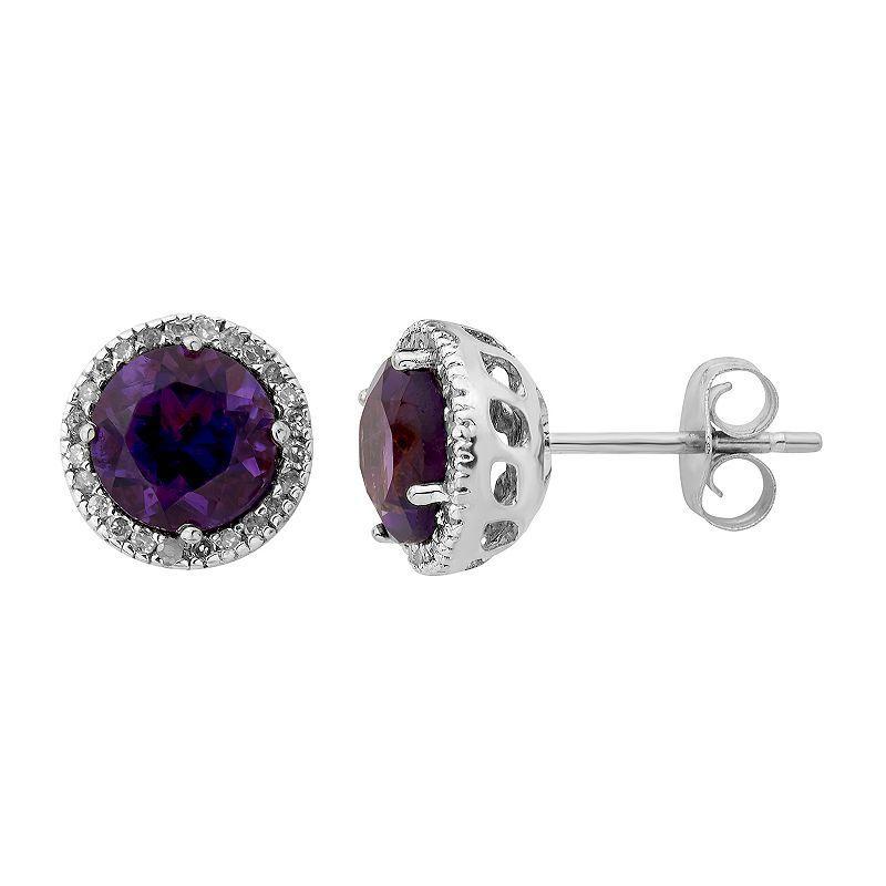 Amethyst 10K Gold and 1/8 Carat T.W. Diamond Round-Cut Halo Stud Earrings, Womens, White Product Image