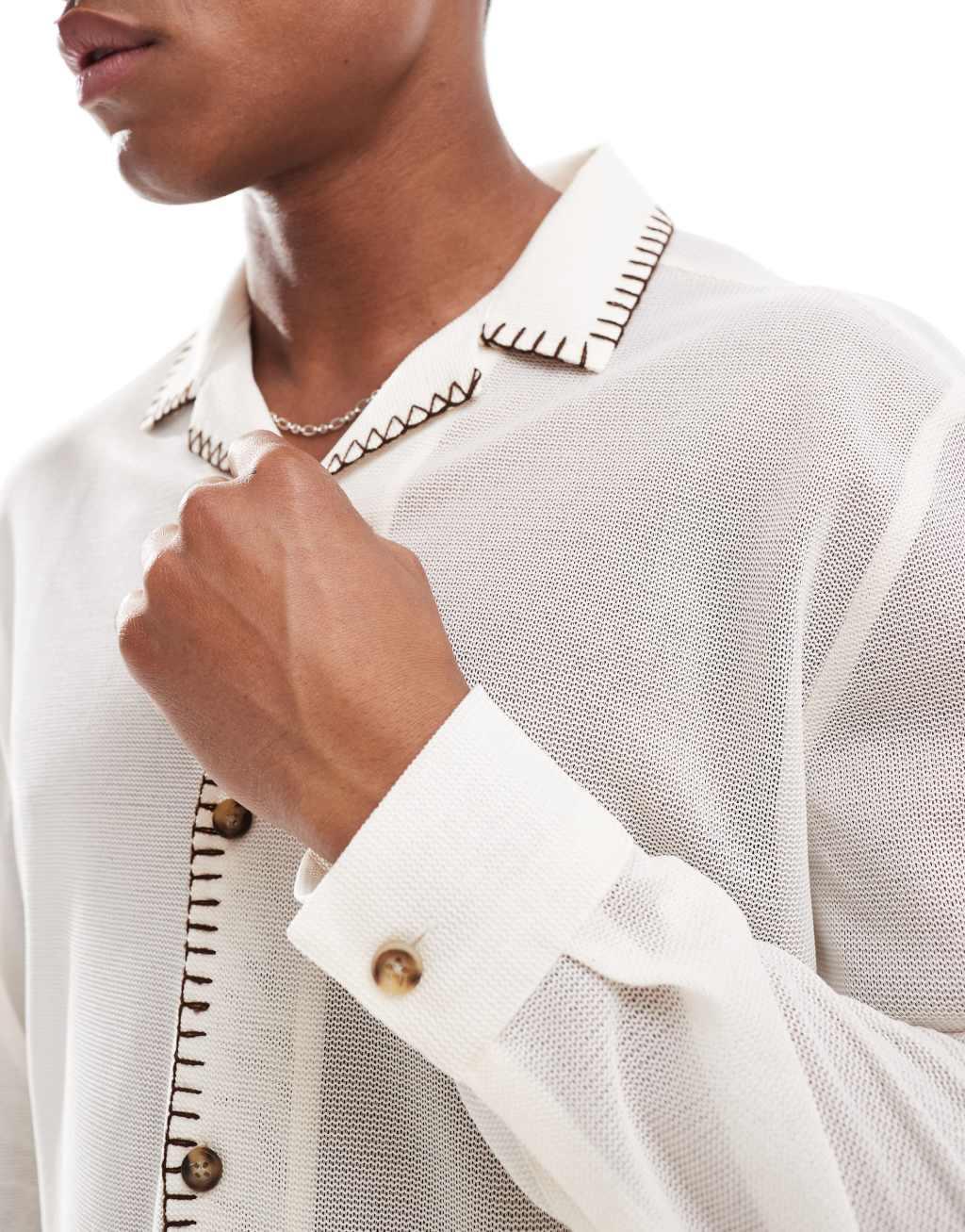 ASOS DESIGN relaxed revere shirt with contrast whipstitch detail in white Product Image