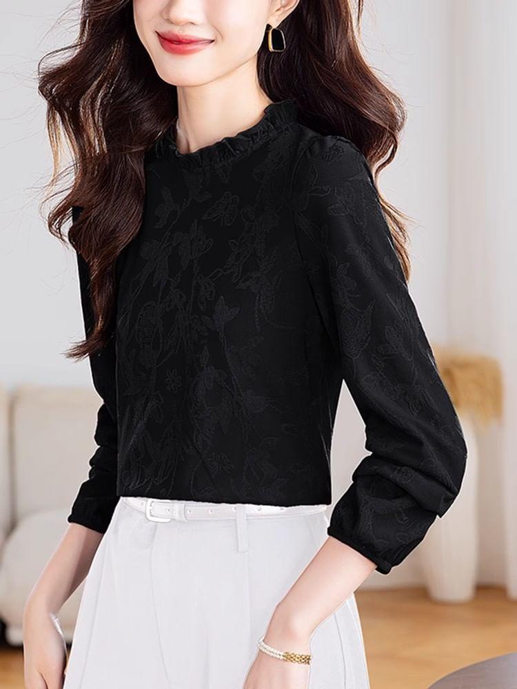 Long Sleeve Round Neck Ruffle Trim Floral Top Product Image