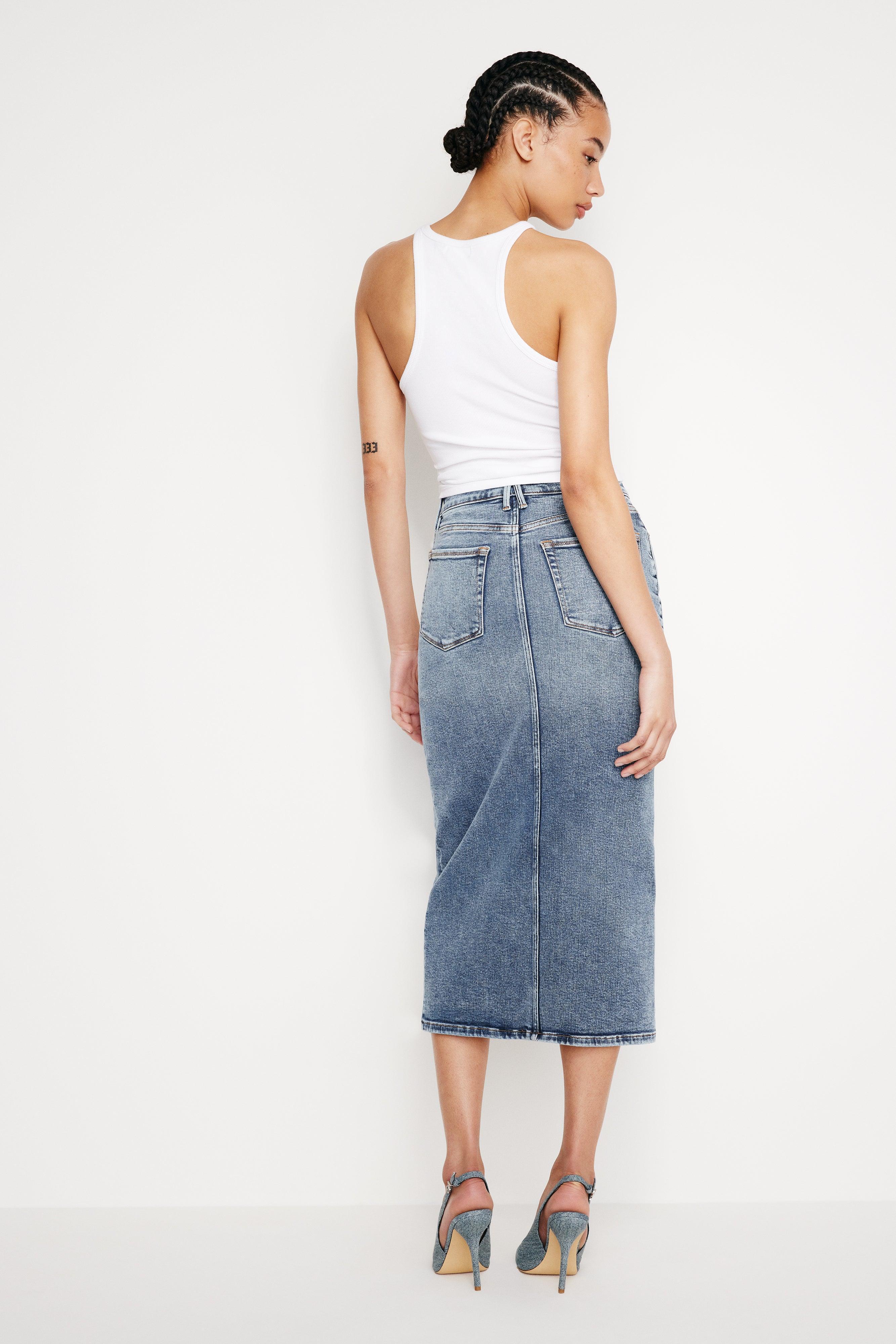 DENIM LIGHT COMPRESSION SLIT MIDI SKIRT | INDIGO734 Product Image