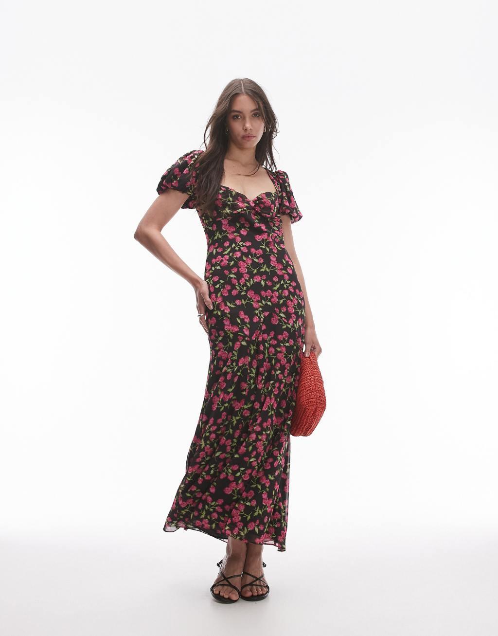 Topshop ruched sleeve occasion dress in red floral print Product Image