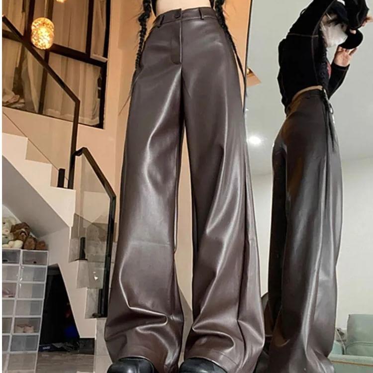 High Rise Plain Faux Leather Wide Leg Pants Product Image